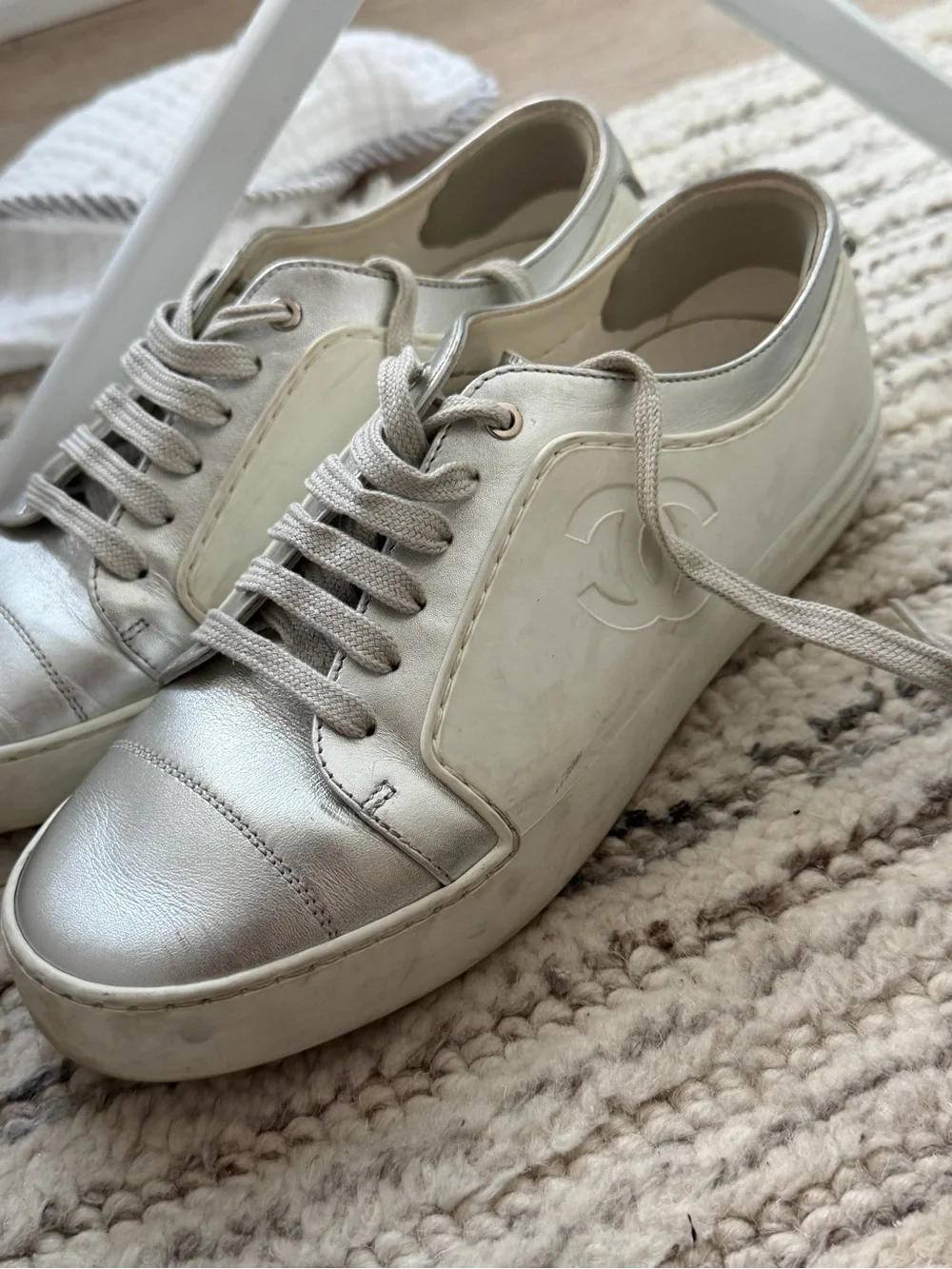 CHANEL Silver and White Leather Low-Top Sneakers